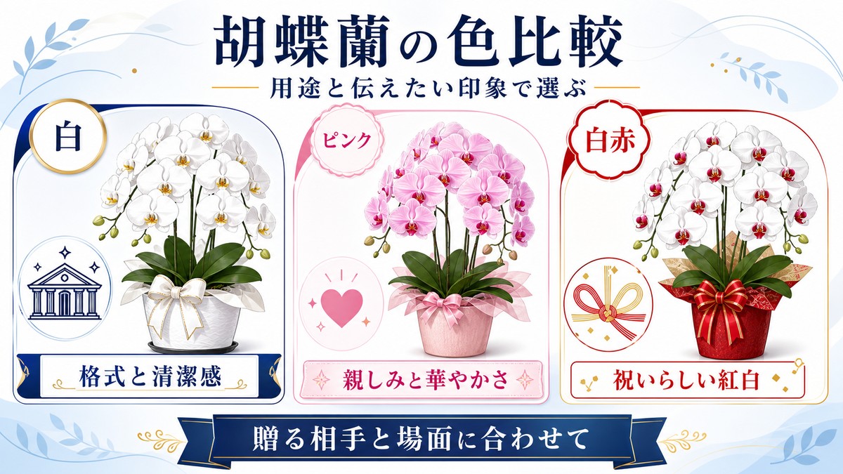 白とピンクと白赤リップの胡蝶蘭の印象を比較する図解
