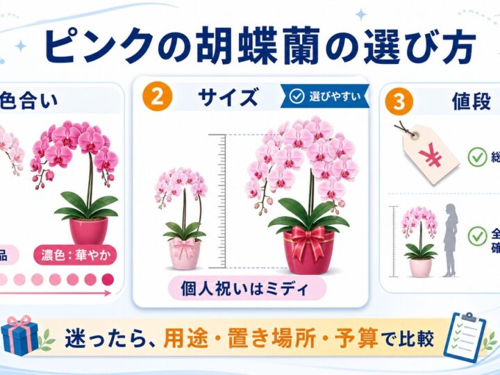 淡いピンクと濃いピンクの胡蝶蘭を並べた個人祝い向けギフト
