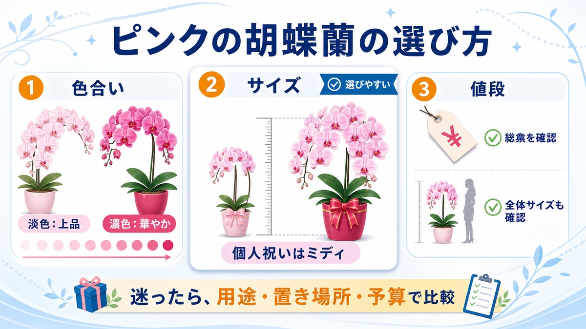 淡いピンクと濃いピンクの胡蝶蘭を並べた個人祝い向けギフト