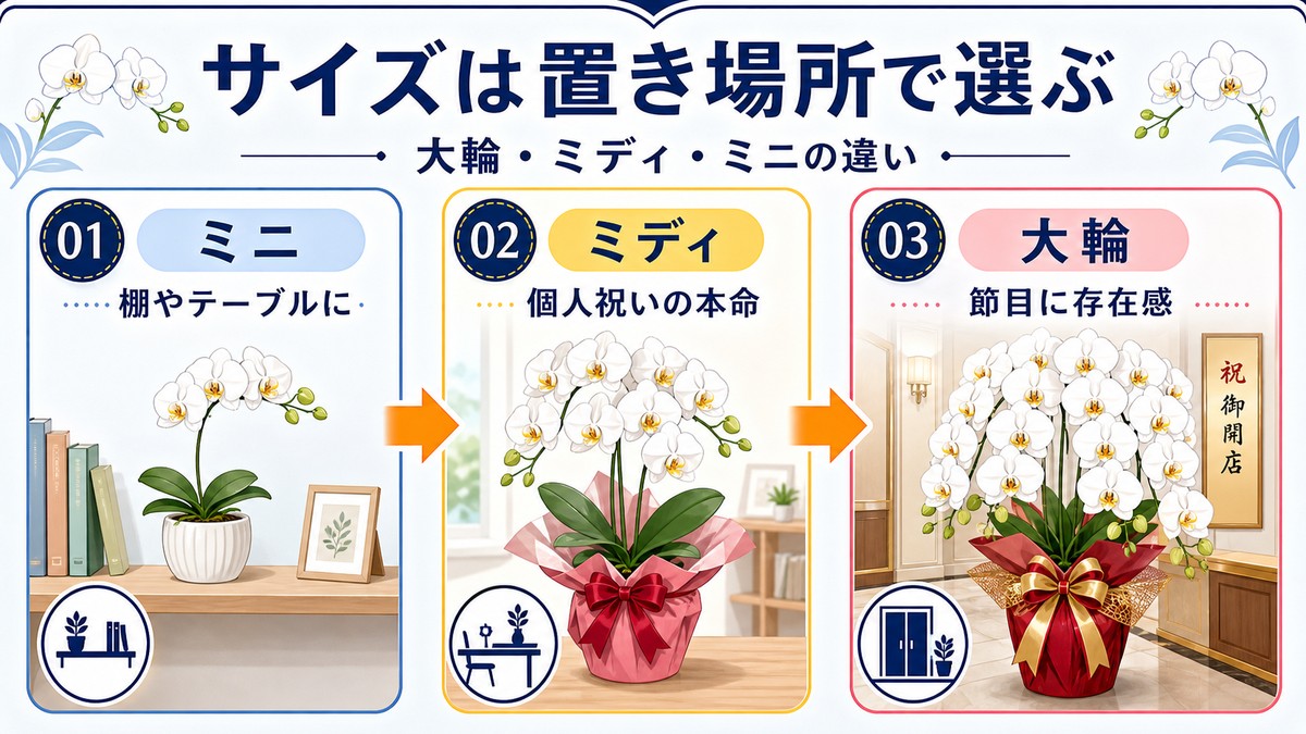 大輪・ミディ・ミニのピンク胡蝶蘭を大きさ別に比較した図