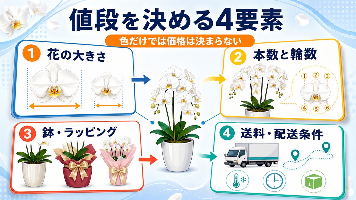 ピンクの胡蝶蘭の価格を決める本数、輪数、サイズ、配送条件