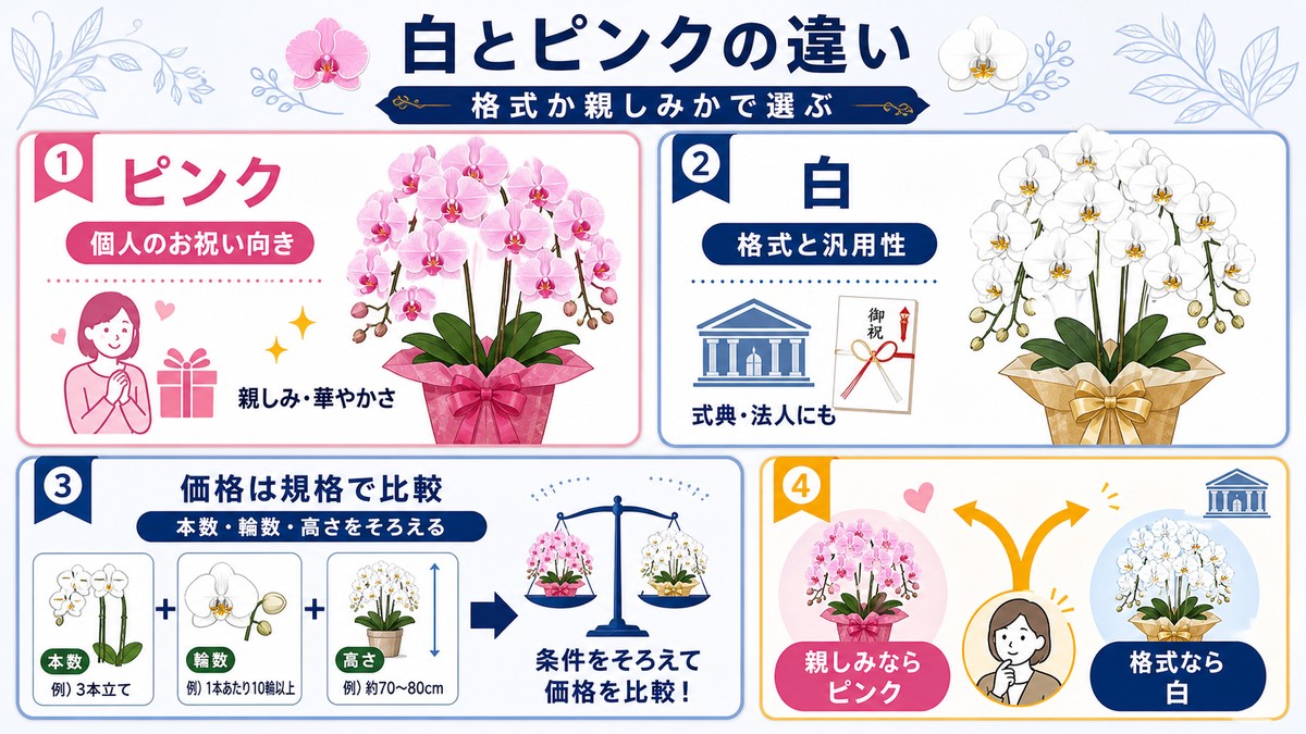 白とピンクの胡蝶蘭の印象と用途の違いを比較