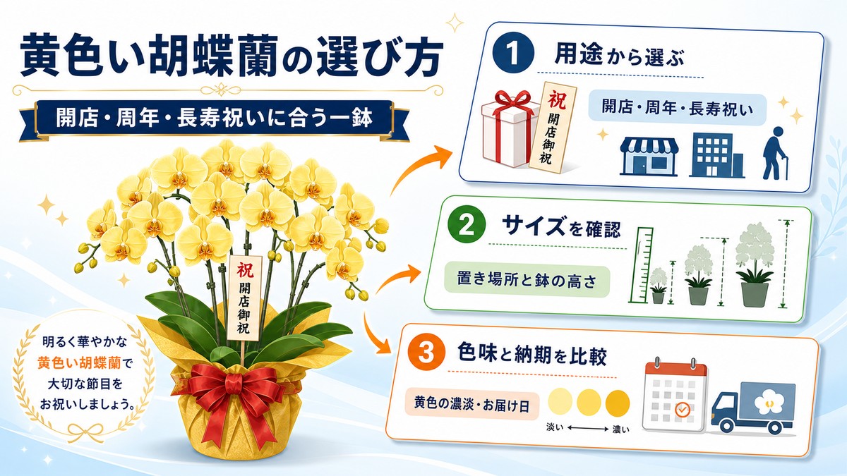 明るい黄色の胡蝶蘭3本立ちを飾った祝いの空間