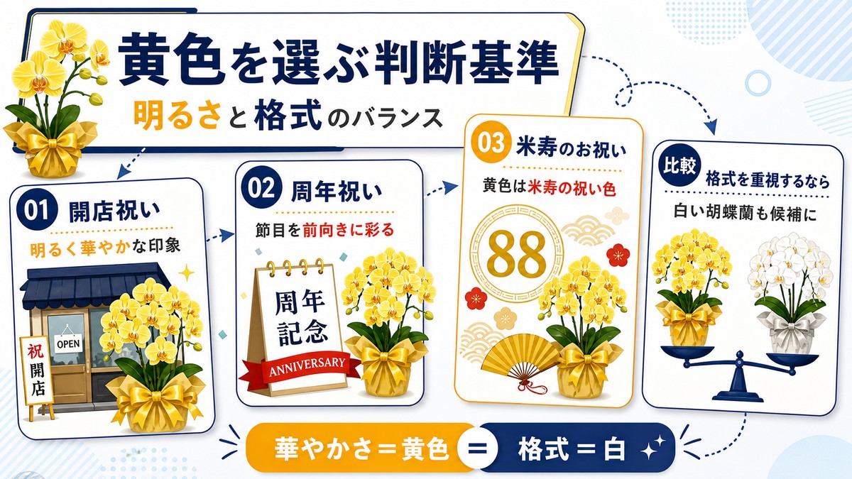 黄色い胡蝶蘭が向く用途と他色も比較したい用途の図解