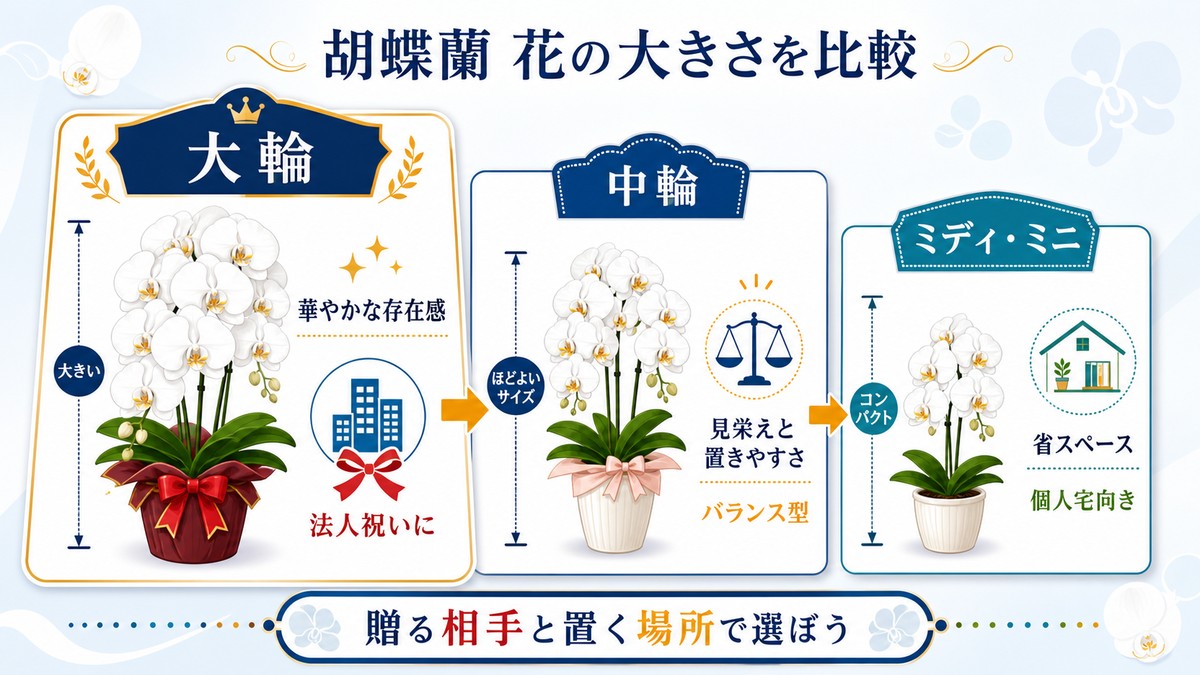 黄色い胡蝶蘭の大輪、中輪、ミディ、ミニのサイズ比較