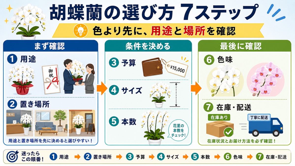 黄色い胡蝶蘭を用途から配送条件まで順番に選ぶ手順