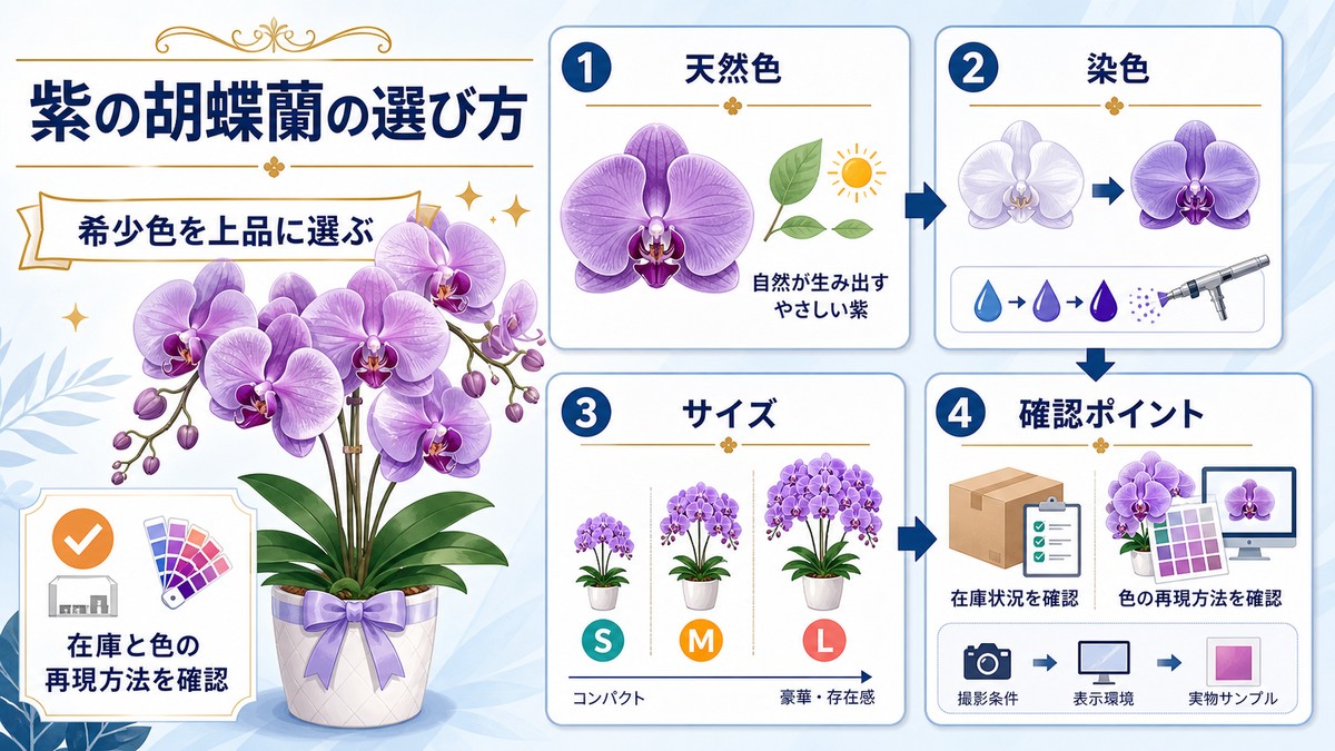 上品な紫色の胡蝶蘭3本立ち