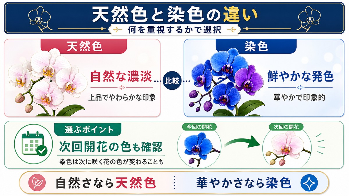 紫の胡蝶蘭の天然色と染色の違いを示す比較図