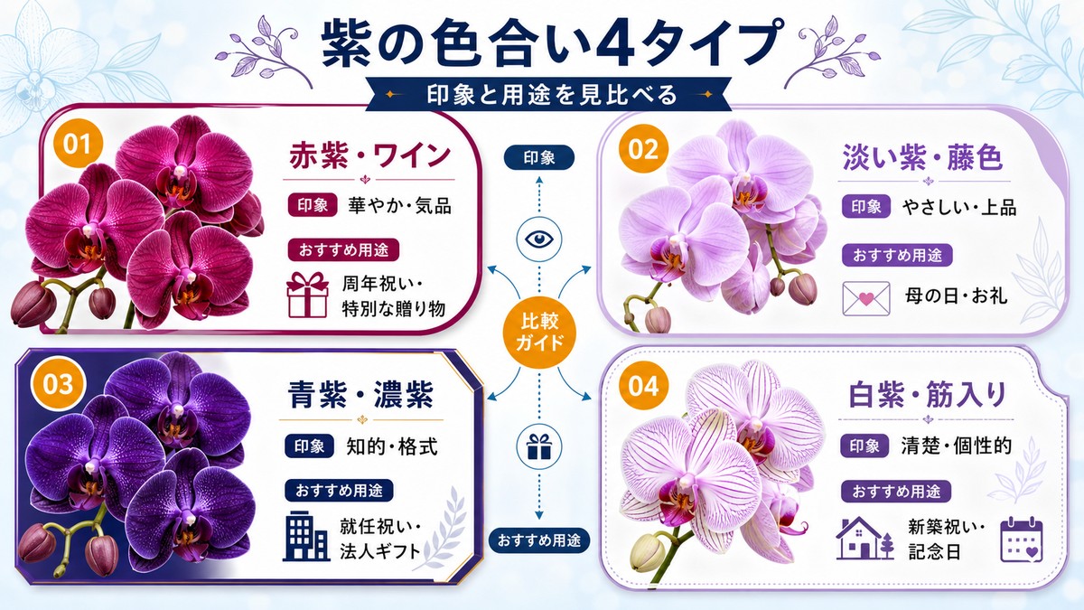赤紫、藤色、青紫、白紫の胡蝶蘭を比べる色見本