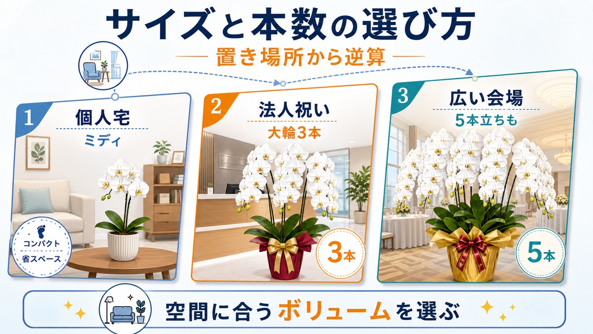 ミディ2本立ちと大輪3本立ちの紫の胡蝶蘭を比較する図