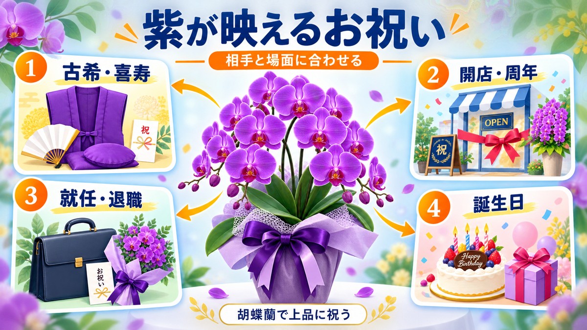 長寿祝い、開店祝い、就任祝いに合う紫の胡蝶蘭の用途図