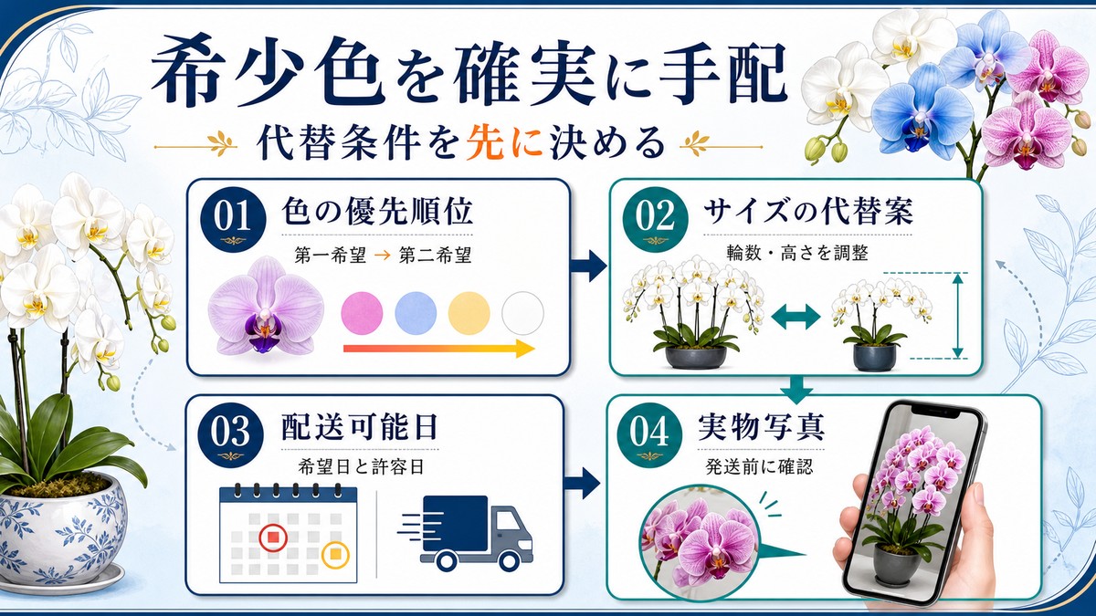 紫の胡蝶蘭を在庫確認して注文する手順図