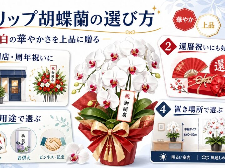 白い花びらの中央に赤いリップが映える祝い用胡蝶蘭