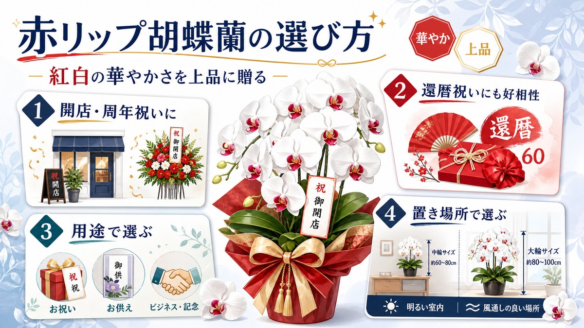 白い花びらの中央に赤いリップが映える祝い用胡蝶蘭