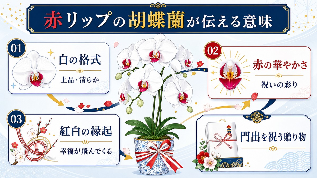 赤リップ胡蝶蘭の紅白の意味と花言葉を整理した図解
