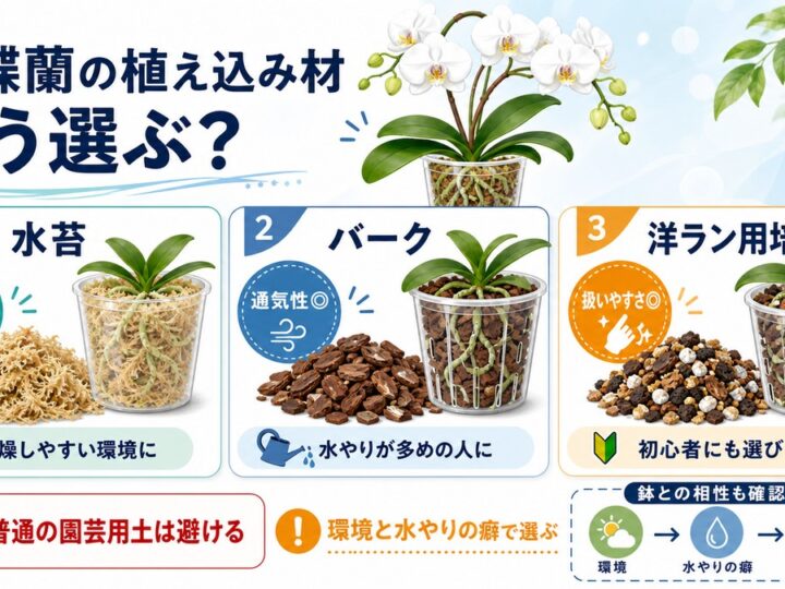 胡蝶蘭と水苔・バーク・洋ラン用培養土を並べた比較イメージ