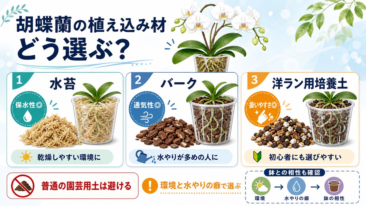 胡蝶蘭と水苔・バーク・洋ラン用培養土を並べた比較イメージ
