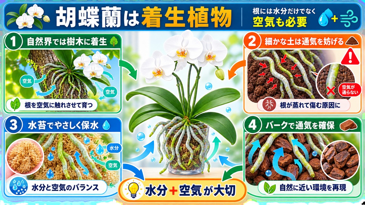 胡蝶蘭の着生根と一般的な土植え植物の根を比べた図