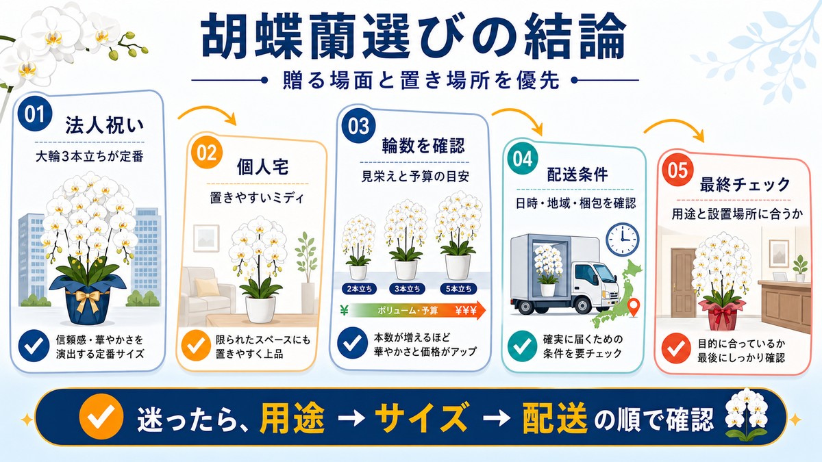 赤リップ胡蝶蘭選びの要点をまとめた図解