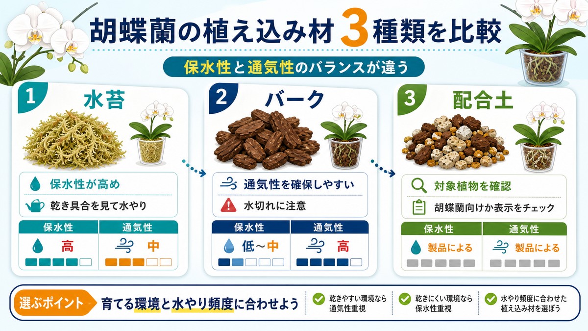 水苔・バーク・洋ラン用培養土の特徴を比較した図