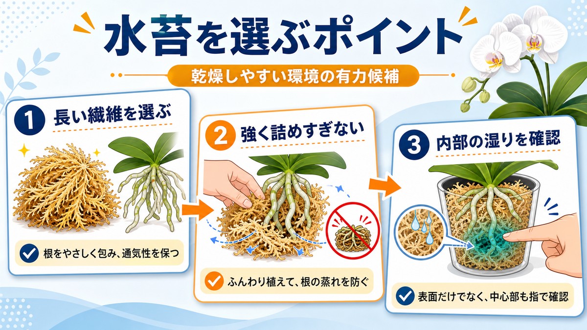 胡蝶蘭用の長い繊維の水苔と素焼き鉢