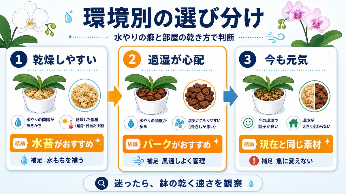 乾燥しやすい部屋と湿りやすい部屋に合う植え込み材の選択図