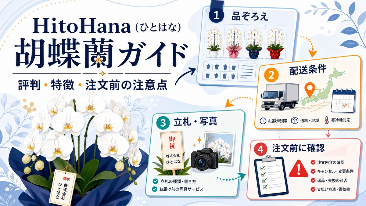 HitoHanaの胡蝶蘭を選ぶポイントを表した白い胡蝶蘭のギフトイメージ