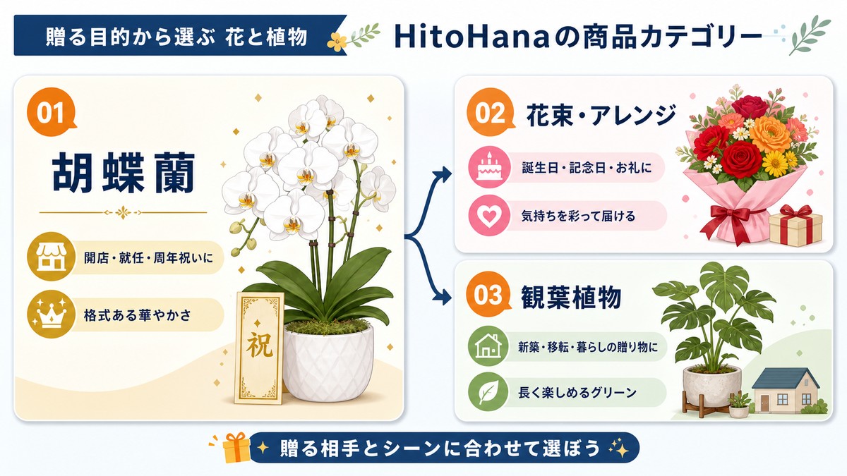 胡蝶蘭、花束、観葉植物などHitoHanaで検討できる商品の種類