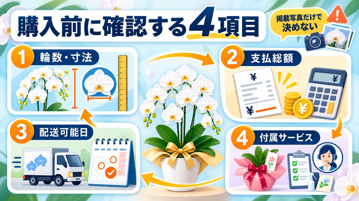 胡蝶蘭通販で輪数、寸法、送料、配送日を確認する様子