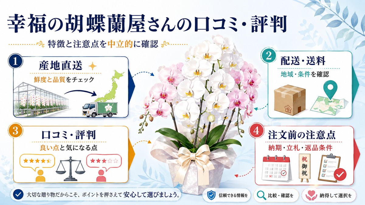 幸福の胡蝶蘭屋さんの評判と特徴を解説する記事のアイキャッチ